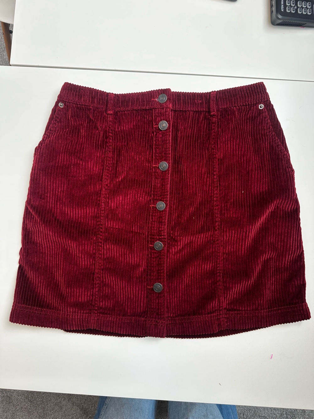 Abercrombie & Fitch Deep Red Corduroy Skirt with Branded Button